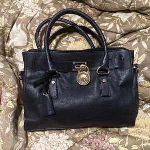 Michael Kors Black Leather Satchel with Gold-Tone MK Charm